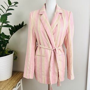 See u Soon Pastel Pink Striped Linen Blend Belted Long Jacket / Blazer - Medium